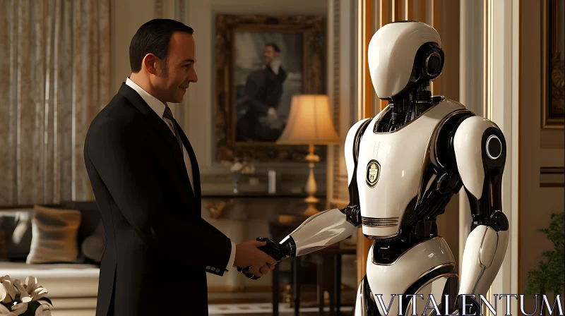 Futuristic Business Meeting Between Human and Robot AI Image