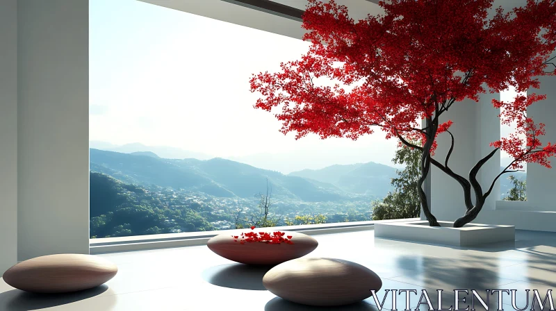 Minimalist Interior with Red Foliage and Stones AI Image