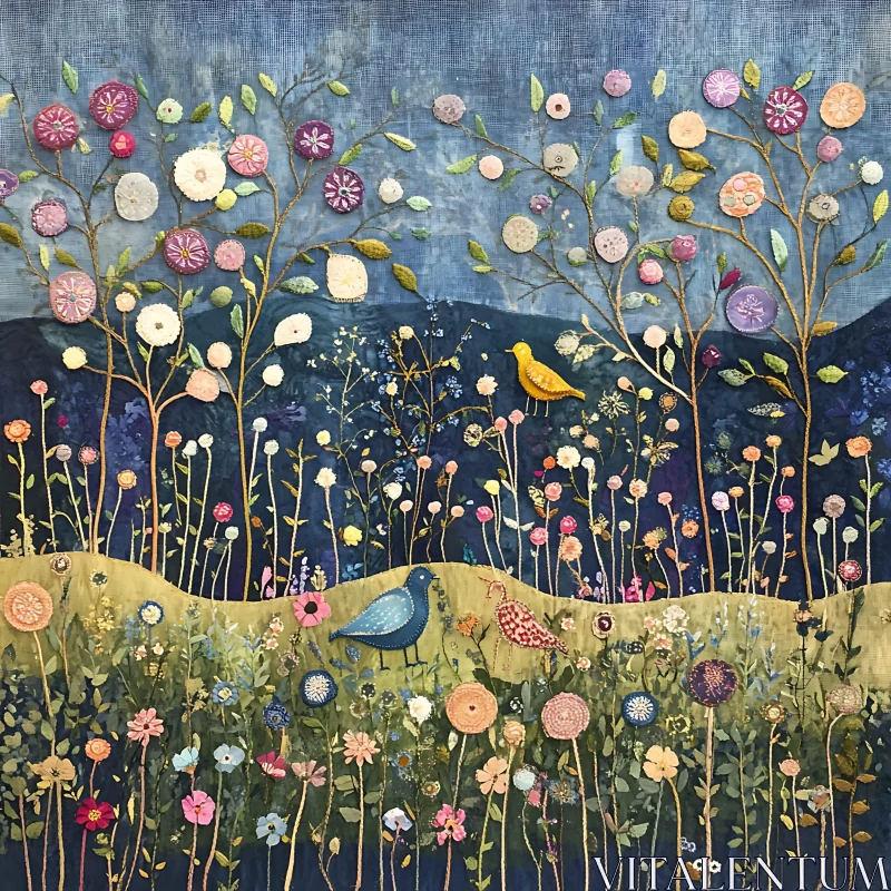 Floral Meadow with Birds Textile Art AI Image