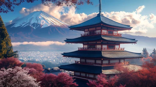 Japanese Pagoda with Mountain View