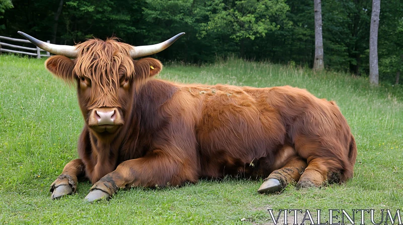 Brown Highland Cattle in Grassy Field AI Image