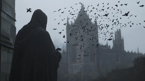 Cloaked Watcher and Birds Taking Flight