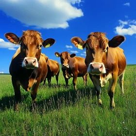 Cattle in Meadow Under Blue Sky