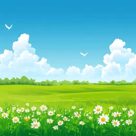 Scenic Meadow with Daisies and Birds