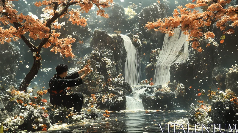 Serene Waterfall and Floral Landscape AI Image