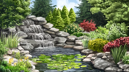 Serene Waterfall and Lily Pads Oasis