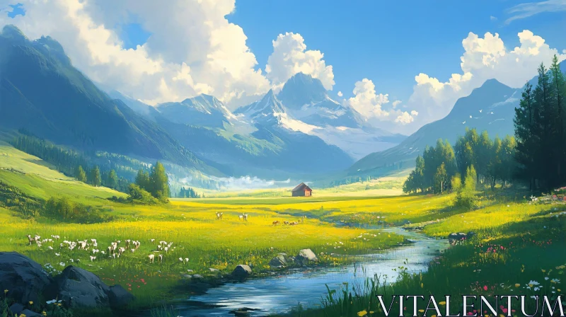 AI ART Scenic Mountain Valley with Stream