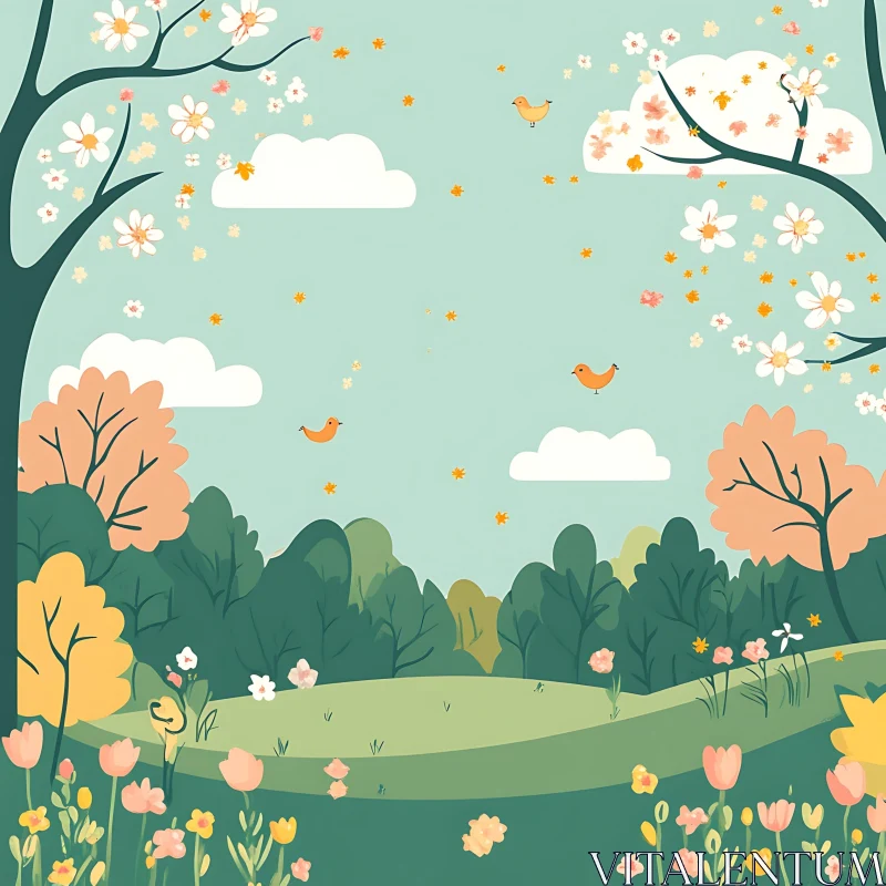 AI ART Blossoming Spring Meadow with Birds