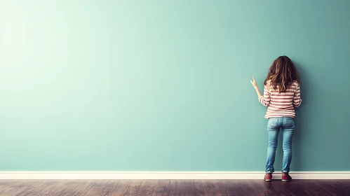 Woman in Jeans by Teal Wall