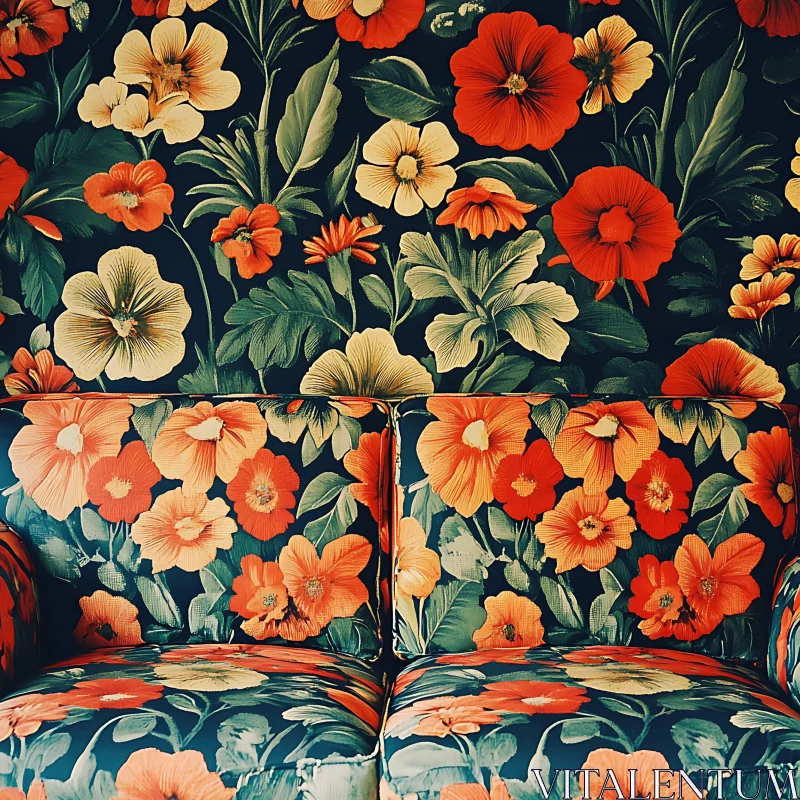 Seamless Floral Pattern on Couch and Wall AI Image