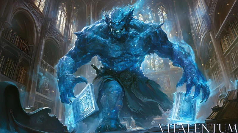 AI ART Blue Spectral Monster with Books