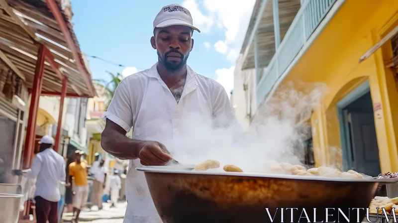 Urban Street Food Vendor Cooking in a Steaming Pan AI Image