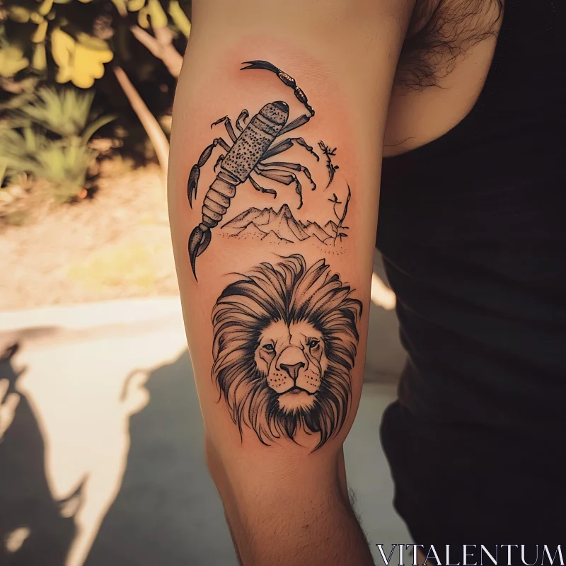 Arm Tattoo with Scorpion and Lion Design AI Image