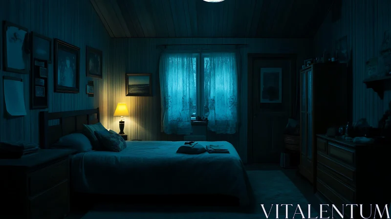 Nighttime Bedroom Interior with Lamp AI Image