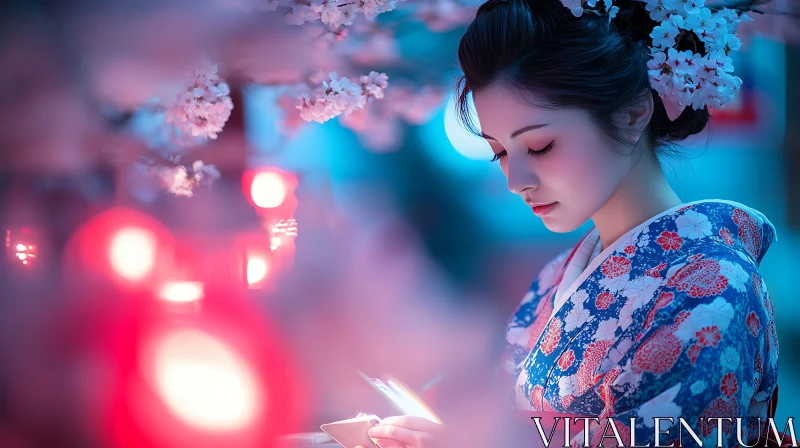 Japanese Beauty with Floral Kimono AI Image