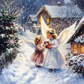 Winter Angels Sharing Christmas Gift