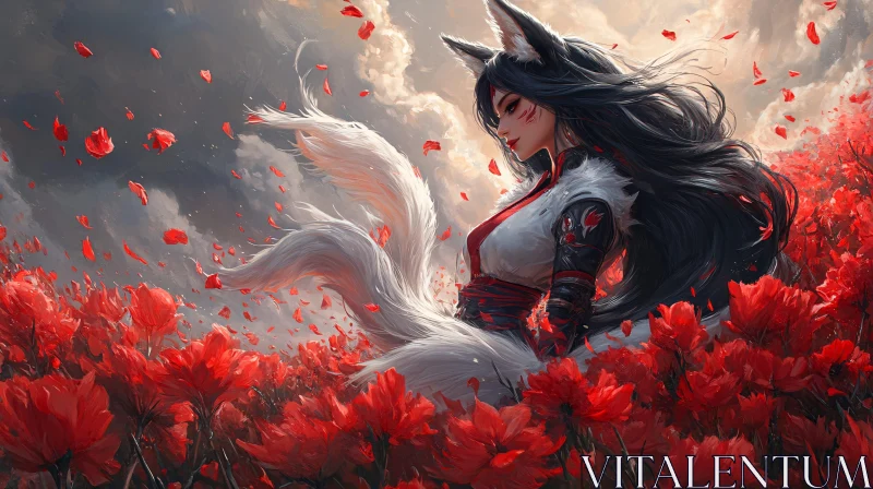 AI ART Fox Spirit Amidst Red Blossoms