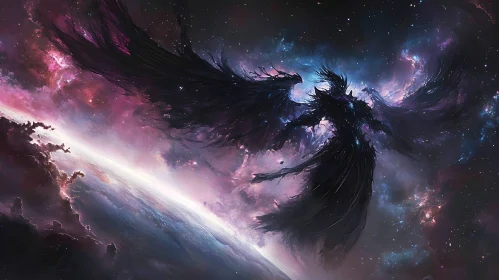 Winged Figure in Cosmic Nebula