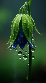 Blue Bellflower in Rain: Dark Navy and Light Green Imagery