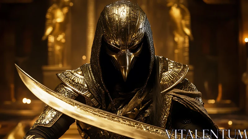 Golden Knight Warrior with Bird Mask AI Image