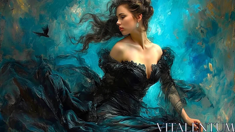 Captivating Painting of a Serene Woman with Flowing Hair AI Image