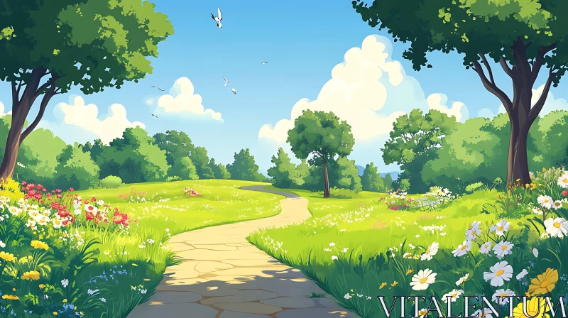 AI ART Scenic Meadow Landscape with Winding Trail