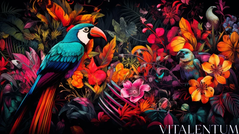 Colorful Parrot with Floral Arrangement in Tropical Landscape AI Image