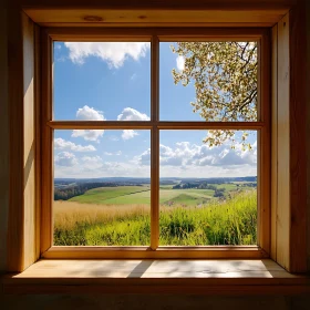 Landscape Through a Wooden Window Frame