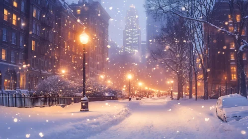 Snowy City Street at Night