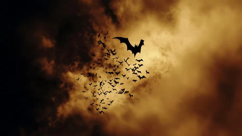 Silhouette of Bats Flying in Cloudy Sky