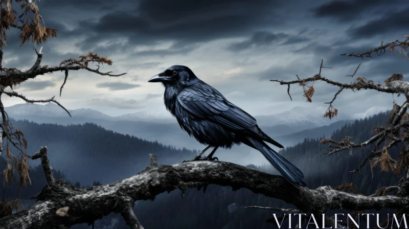 Gothic Landscape with Black Raven Perched on Tree Branch AI Image