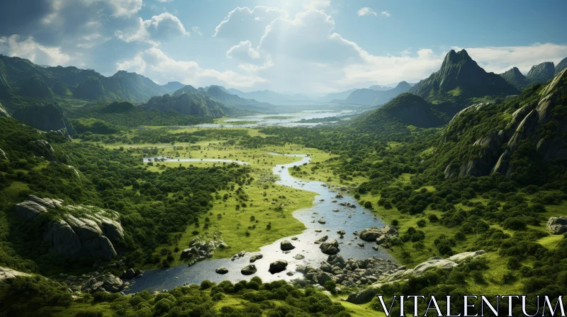 Green Mountain Landscape with River - Digital Art AI Image
