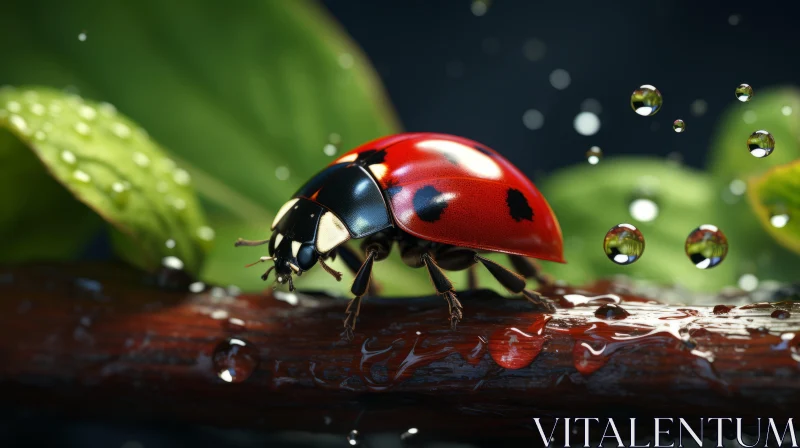 Ladybug on Branch with Rain Drops - A Blend of Realism and Surrealism AI Image