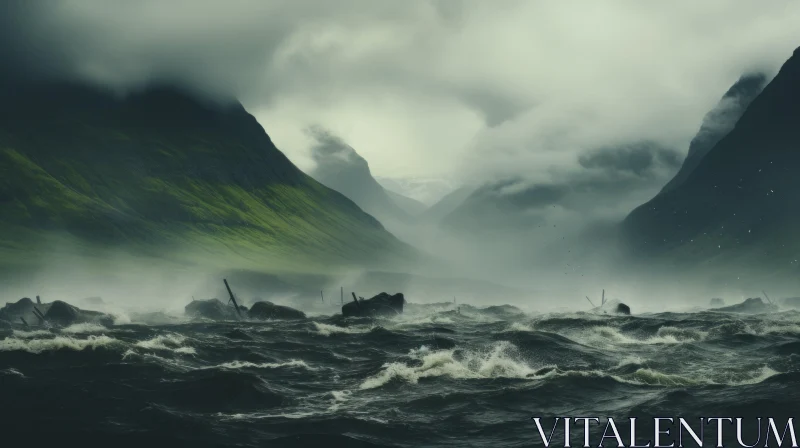Mystical Ocean in Foggy Mountains - A Captivating Visual Story AI Image