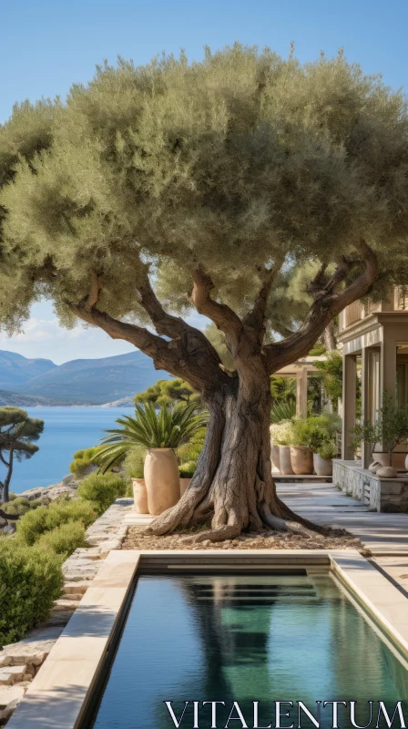 Nature-Inspired Neoclassicist Composition: Olive Tree by the Sea AI Image