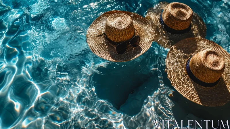 Tranquil Pool Scene with Floating Straw Hats AI Image