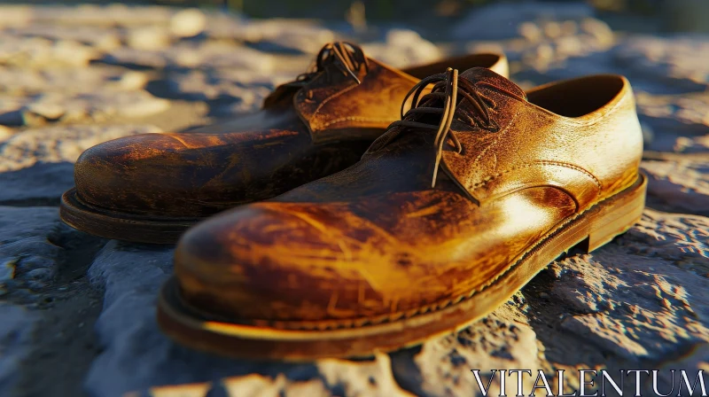 Vintage Brown Leather Shoes on Stone Surface AI Image