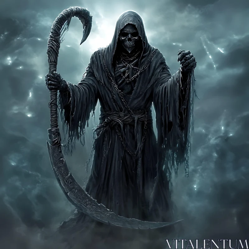 AI ART Dark Figure with Scythe in Cloudy Setting