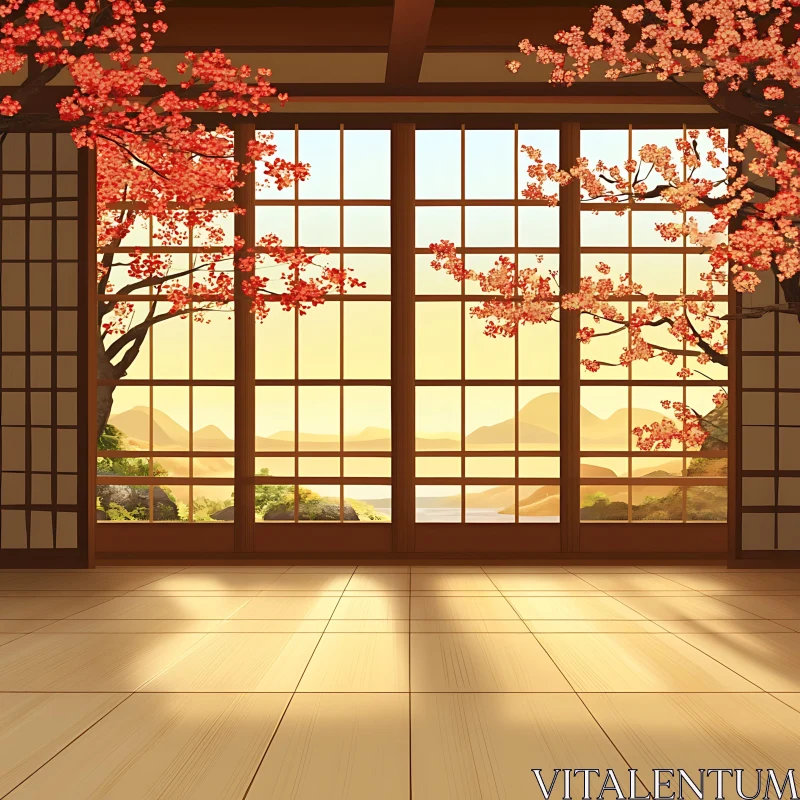 Blossom View from Traditional Japanese Room AI Image