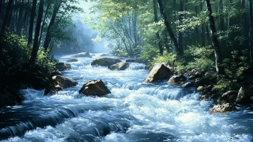 Peaceful River Scene in a Verdant Forest