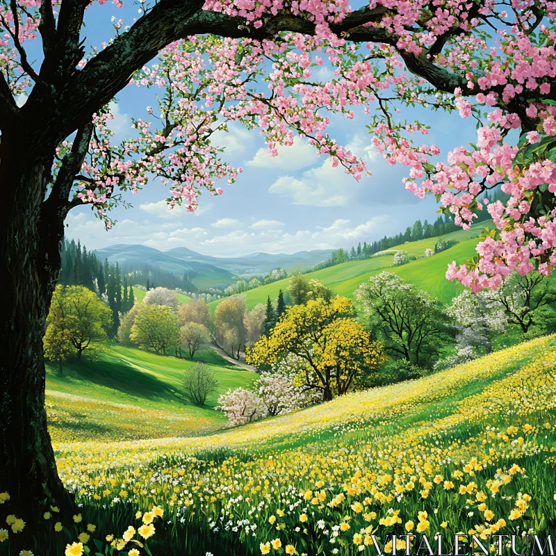 AI ART Floral Meadow Under Pink Blossoms