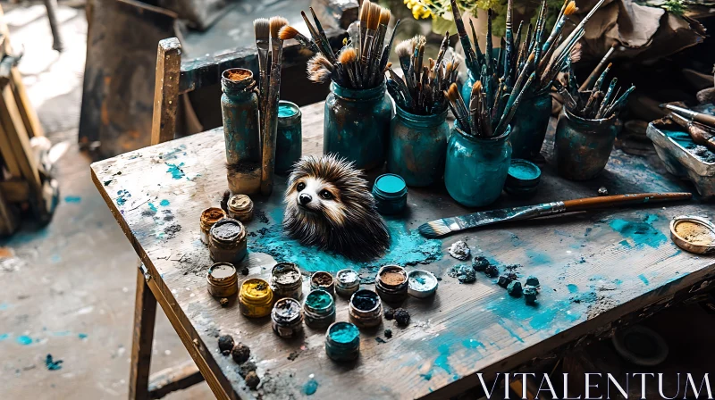 Whimsical Hedgehog Art Studio Scene AI Image