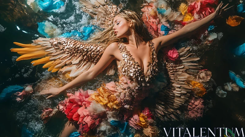 AI ART Feathered Woman Floating in Water