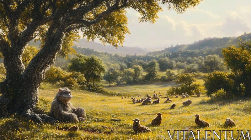 AI ART Idyllic Meadow with Resting Monkey