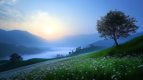 Misty Morning Landscape with Wildflowers