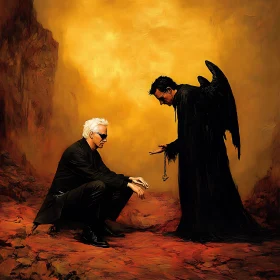 Man and Angel in Fiery Landscape