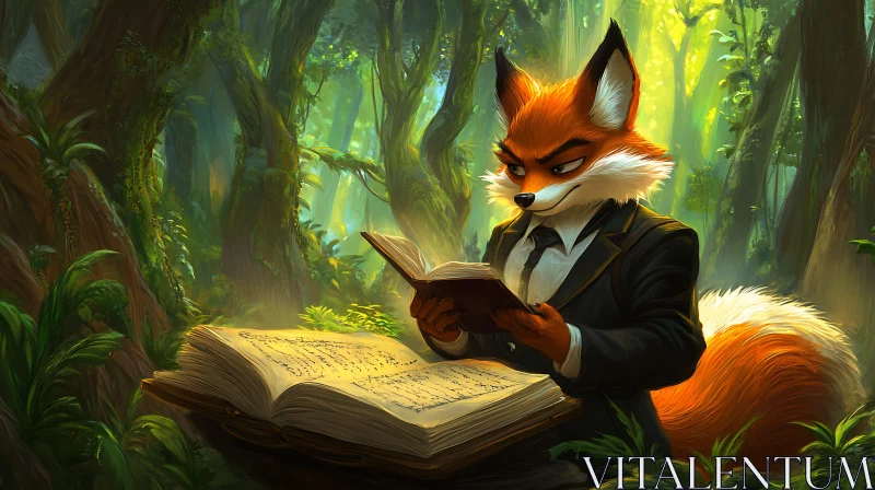 AI ART Enigmatic Fox Reader in Verdant Woods