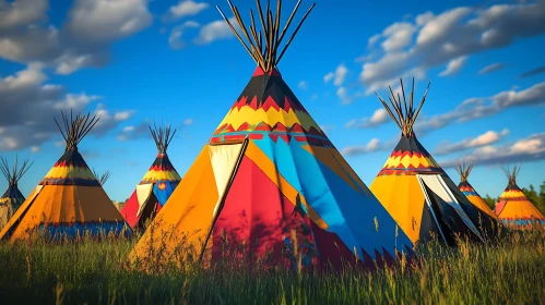 Vibrant Tipis in a Grassy Field