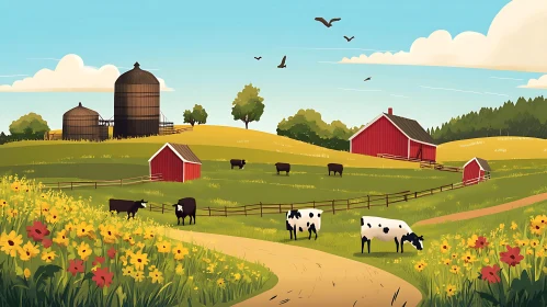 Tranquil Farm Scene with Cows and Barns