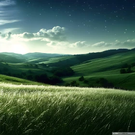 Serene Green Landscape with Starry Sky